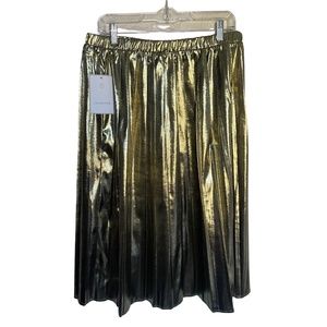 Calligraphie Women's Gold Metallic Midi Pleated Skirt Sz L NWT